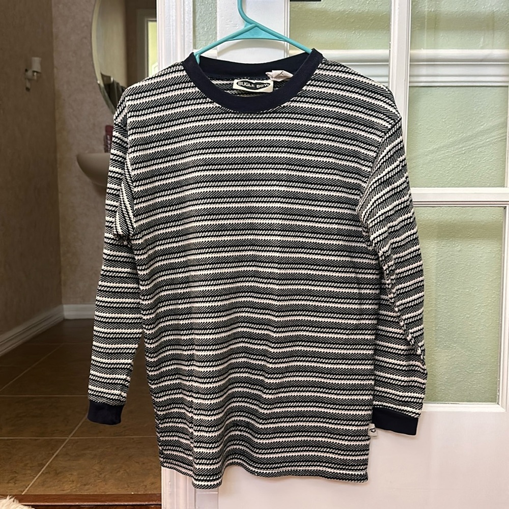 Bugle Boy, white and black stripes and size large